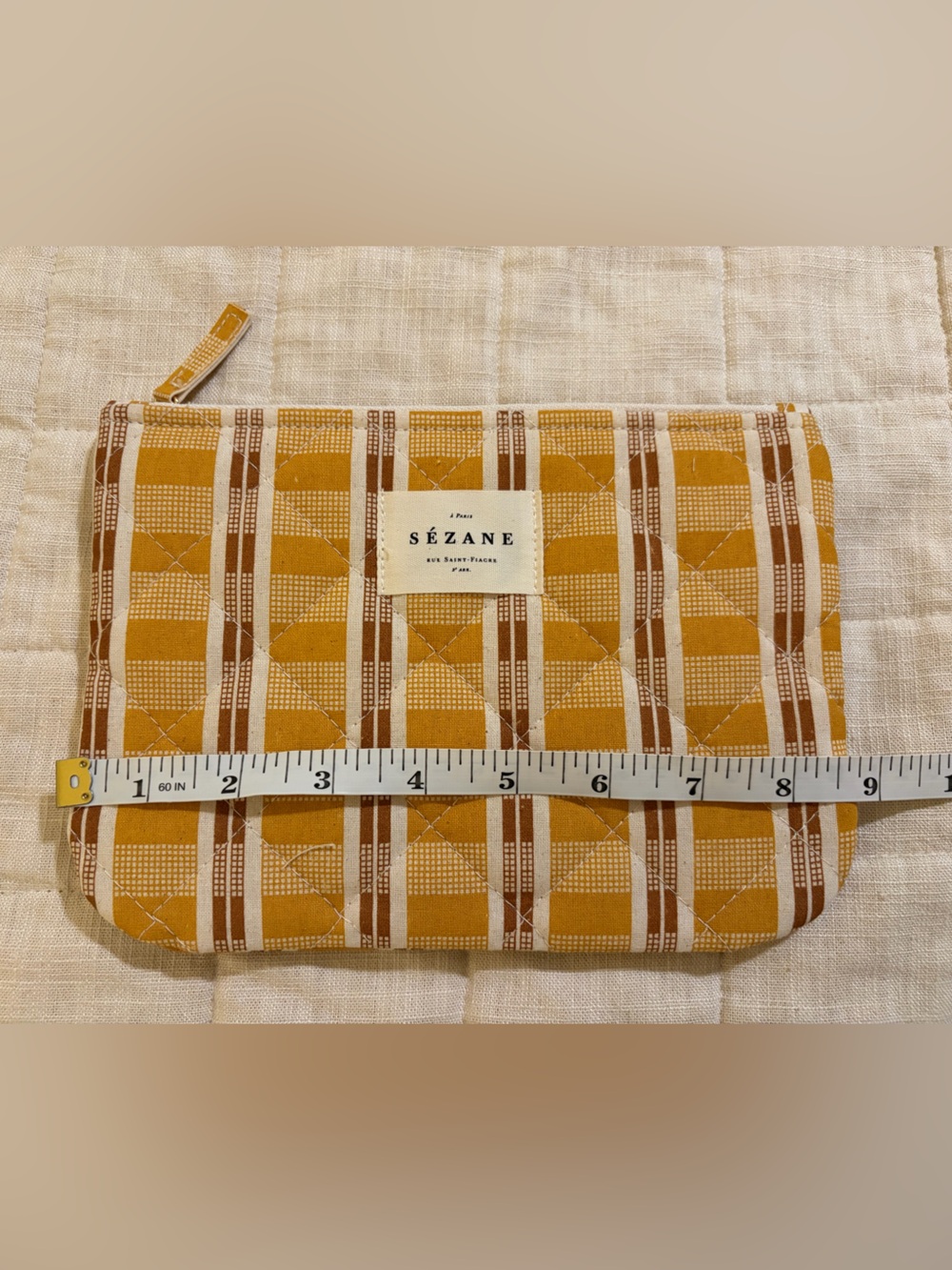 Sezane new cosmetic toiletry pouch zip bag Mustard yellow & Brown Quilted plaid - Picture 3 of 3